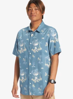 Store Quiksilver Palm Spritz Short Sleeve Woven Shirt Agean Blue Palm Spritz