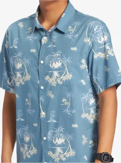 Store Quiksilver Palm Spritz Short Sleeve Woven Shirt Agean Blue Palm Spritz