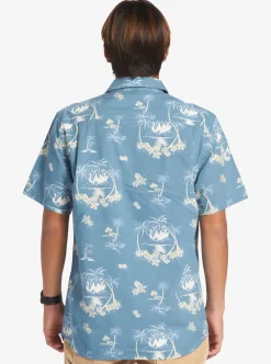 Store Quiksilver Palm Spritz Short Sleeve Woven Shirt Agean Blue Palm Spritz